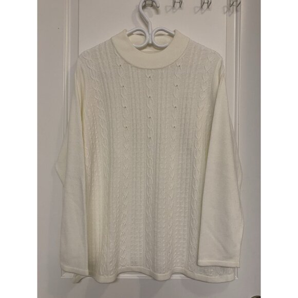 White Cable Knit Sweater Women’s Large/XL Pearl Embroidery - Picture 1 of 5